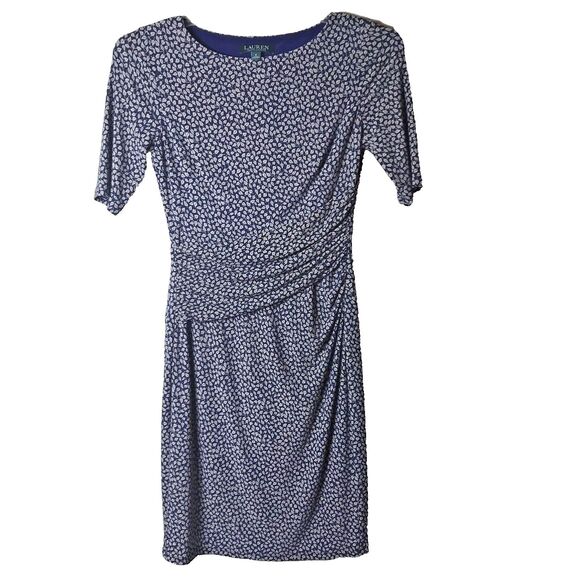 Lauren Ralph Lauren Woman's Short Sleeve Ruched Navy and Beige Dress Size 2 - Picture 1 of 9
